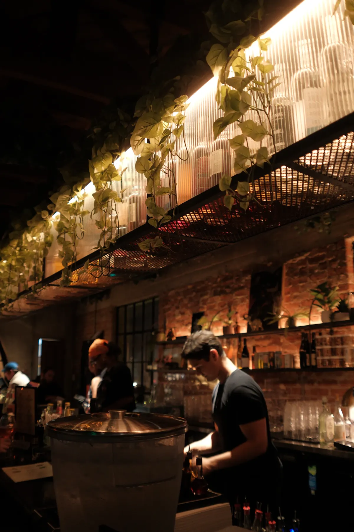 A bartender working behind a softly lit Culver City bar