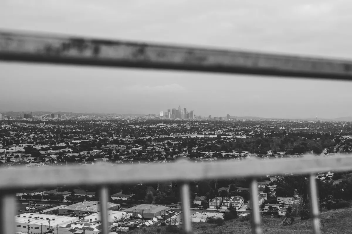 A monochrome view across Culver City toward the Los Angeles skyline