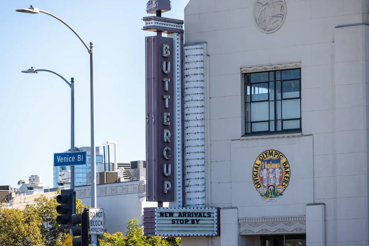 The Helms Bakery clock tower above a Culver City street corner