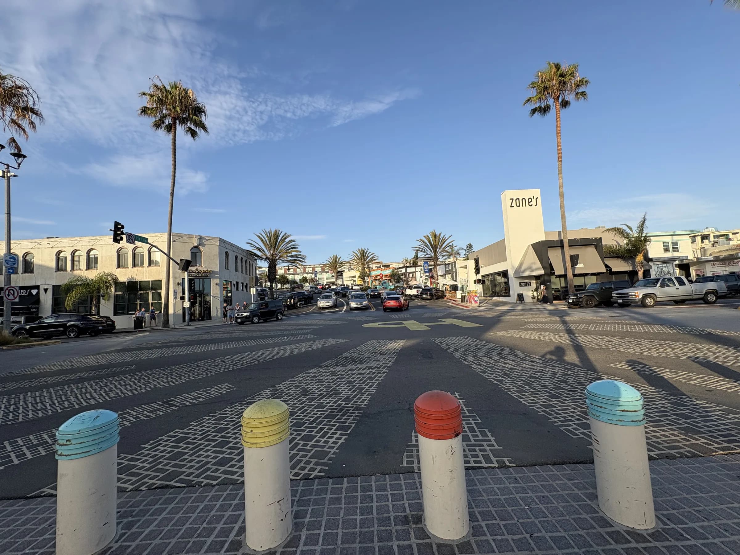 A wide view along a walkable downtown Hermosa Beach business corridor