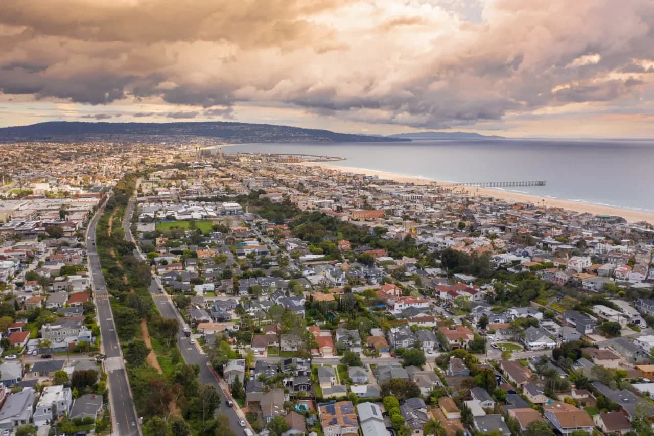 Aerial view of Hermosa Valley, the Greenbelt, and the coast