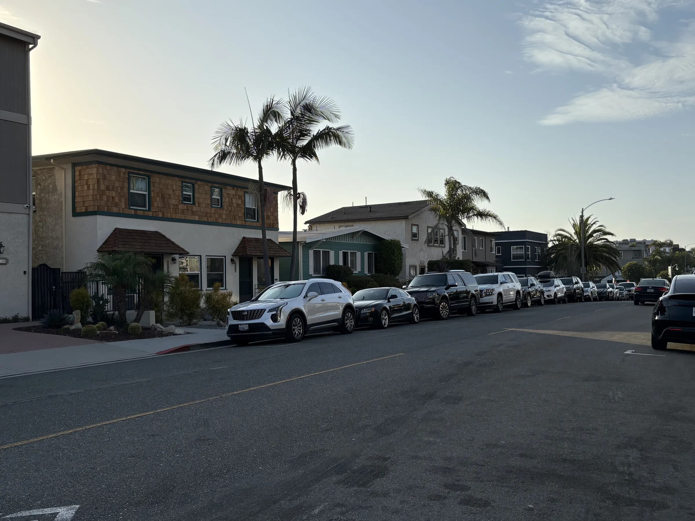 A palm-lined mixed-use block of homes and neighborhood businesses