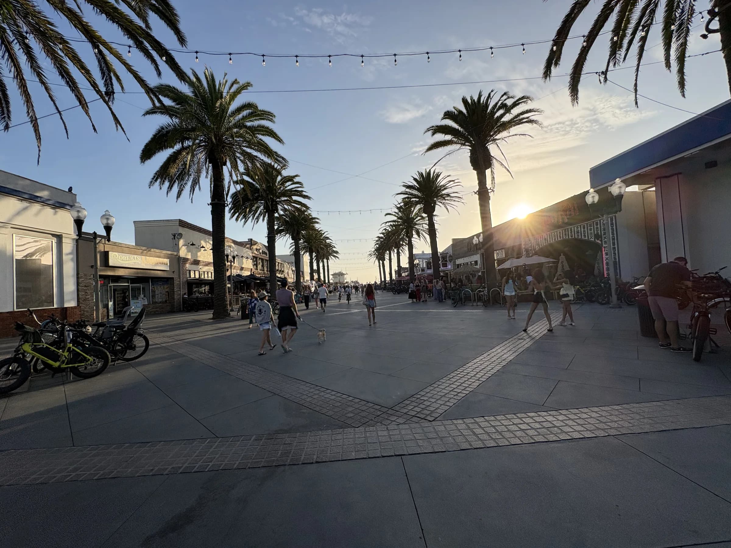 Pedestrians crossing Pier Plaza beneath palms at sunset