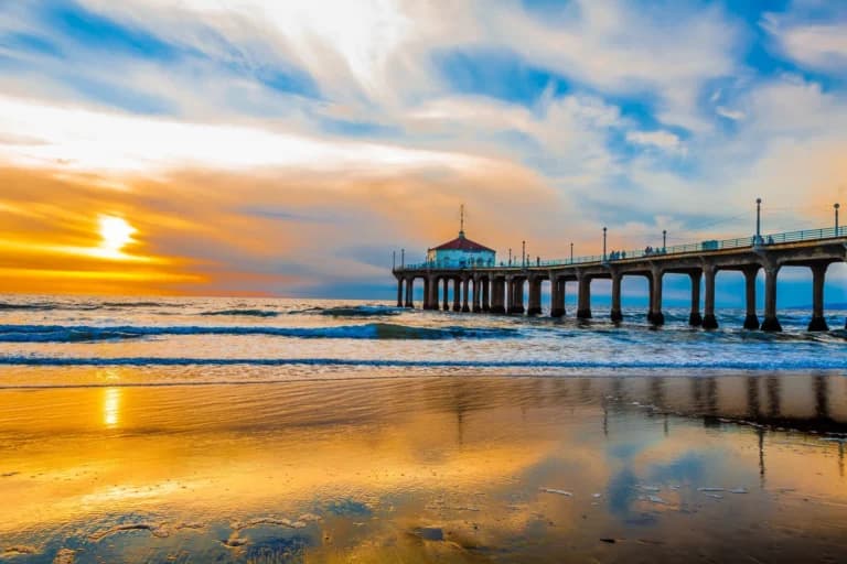 Manhattan Beach Pier reflected in wet sand at sunset