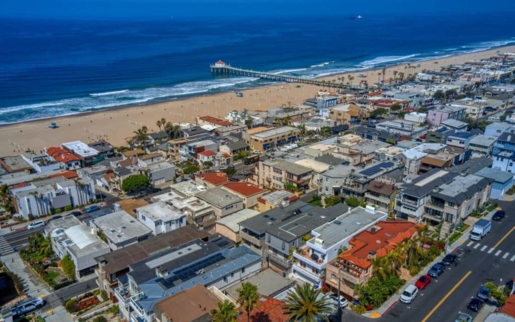 Aerial view of Sand Section homes beside Manhattan Beach