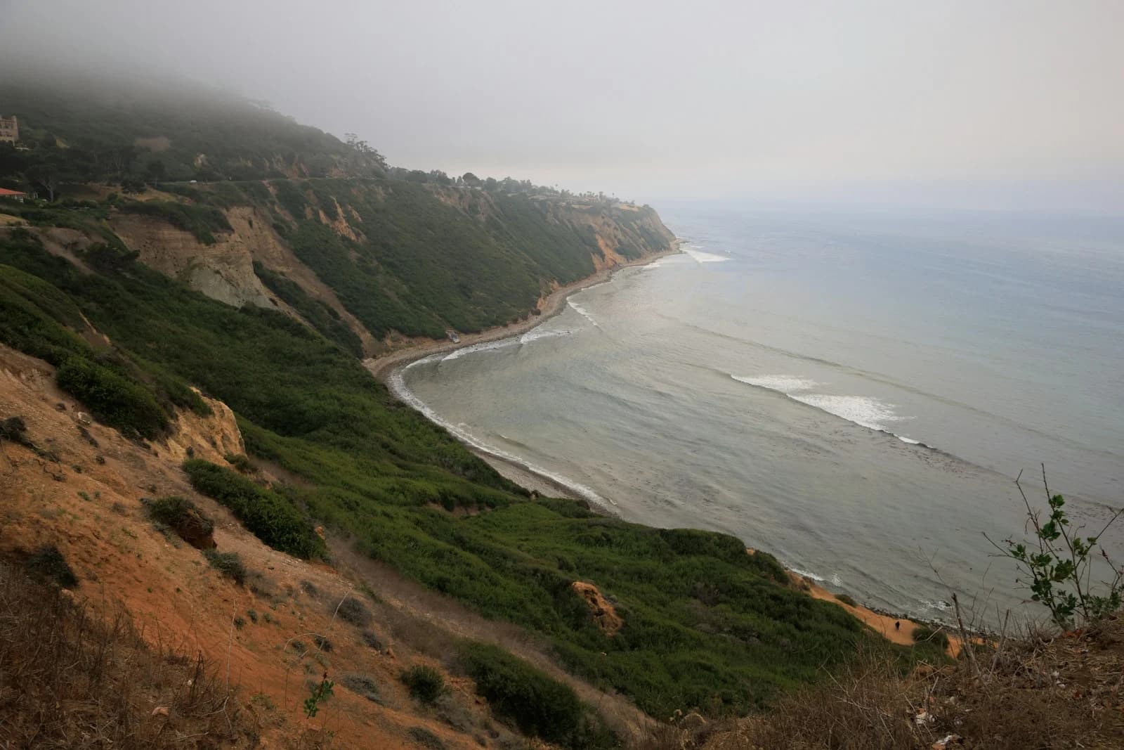 A quiet curve of the Palos Verdes coast beneath low marine fog