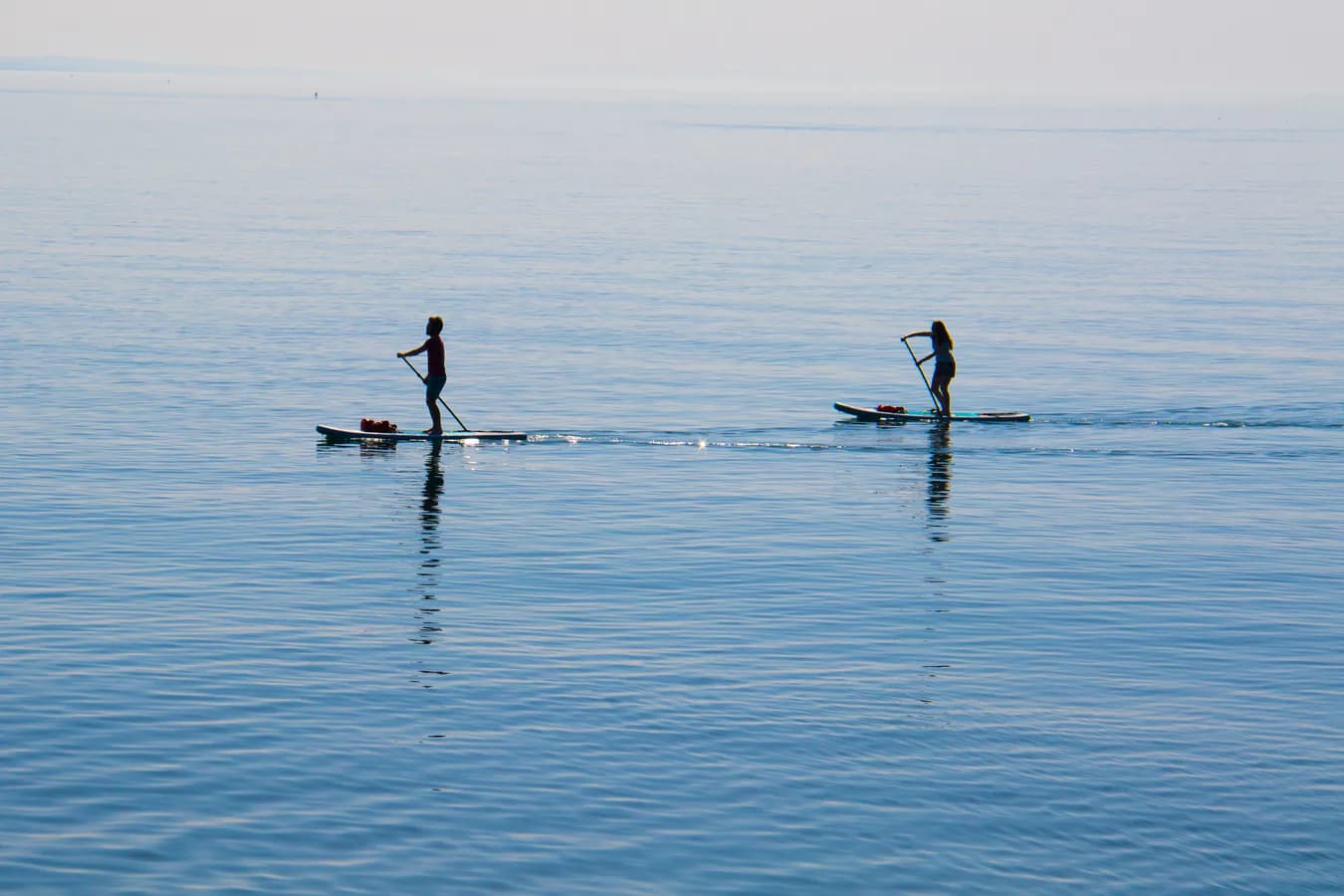 Two stand-up paddleboarders crossing calm water