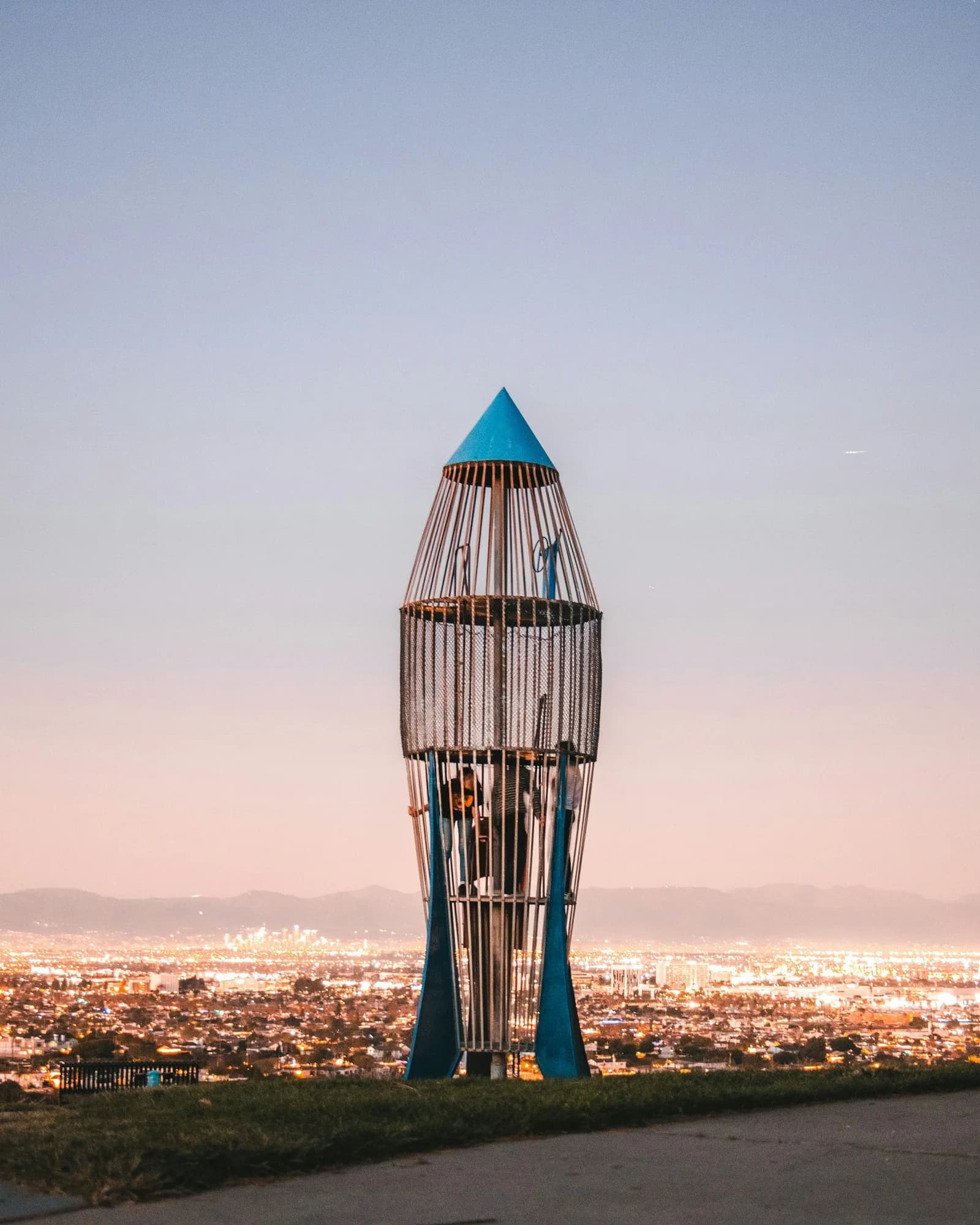 The rocket-shaped play structure at Los Arboles Rocketship Park overlooking Torrance