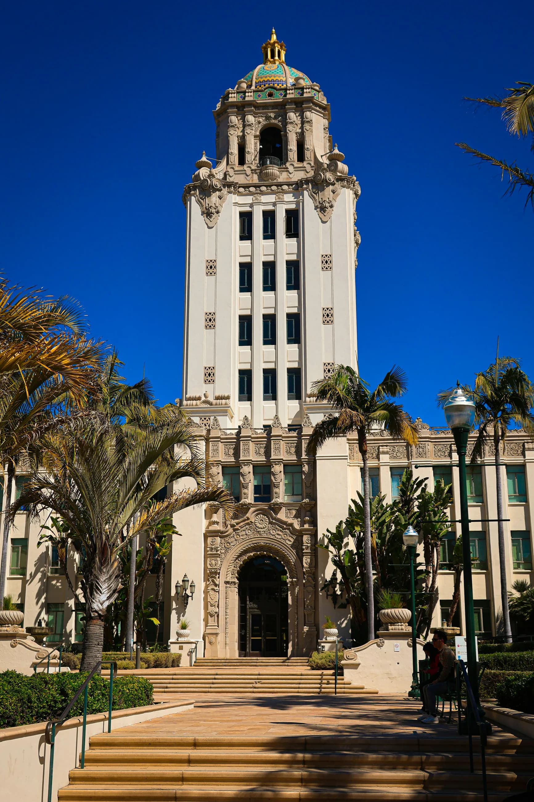 The landmark tower and arched entry of Beverly Hills City Hall