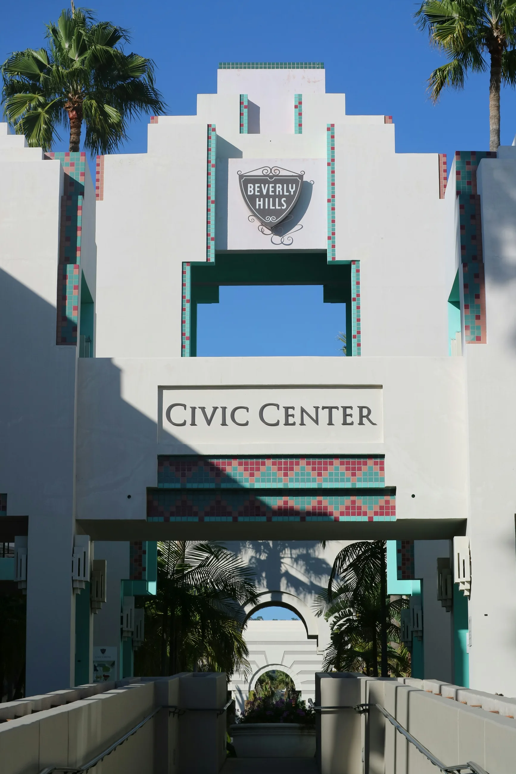 The geometric Beverly Hills Civic Center entrance and city shield