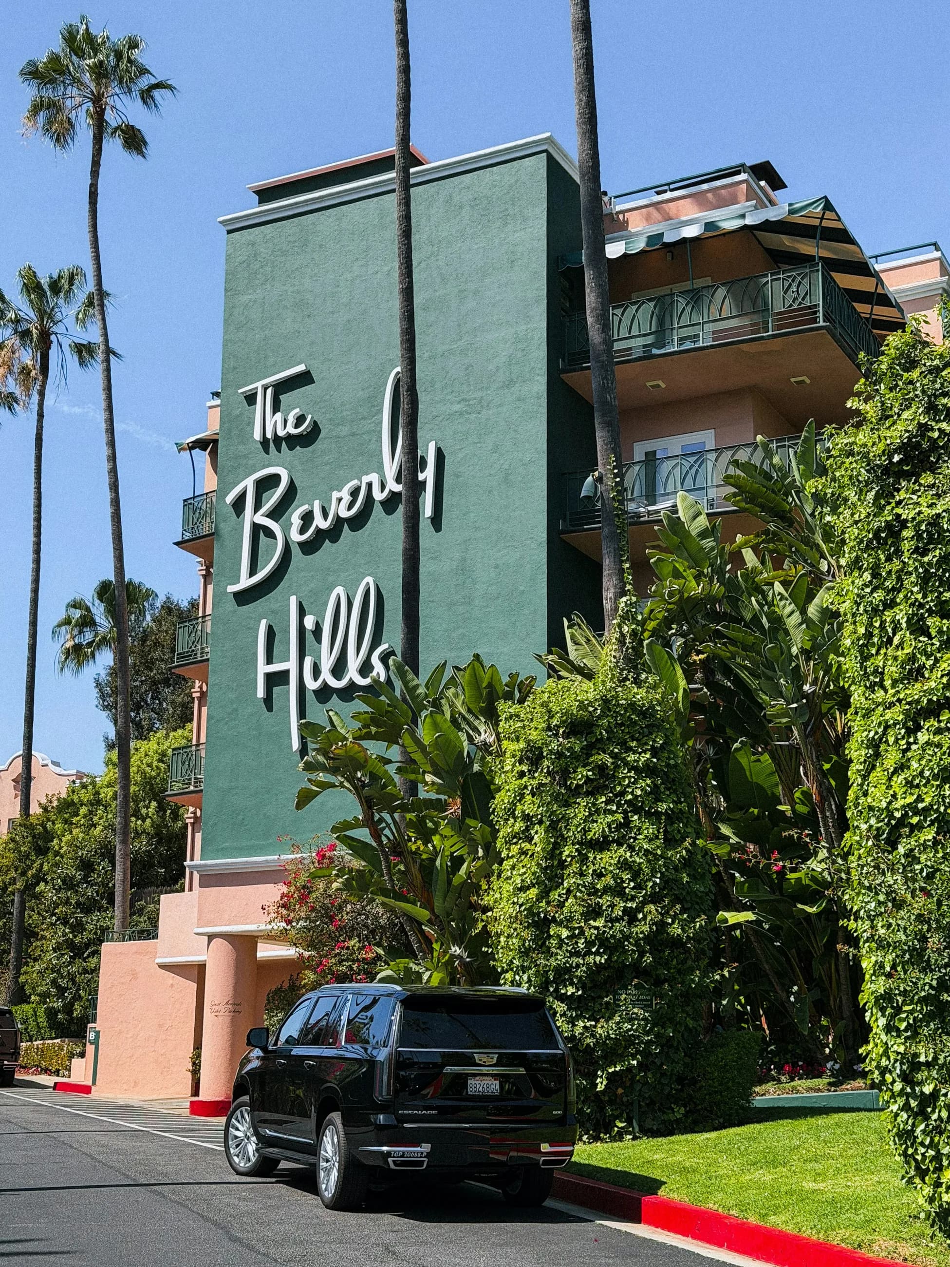 The Beverly Hills Hotel’s pink exterior rising behind palms