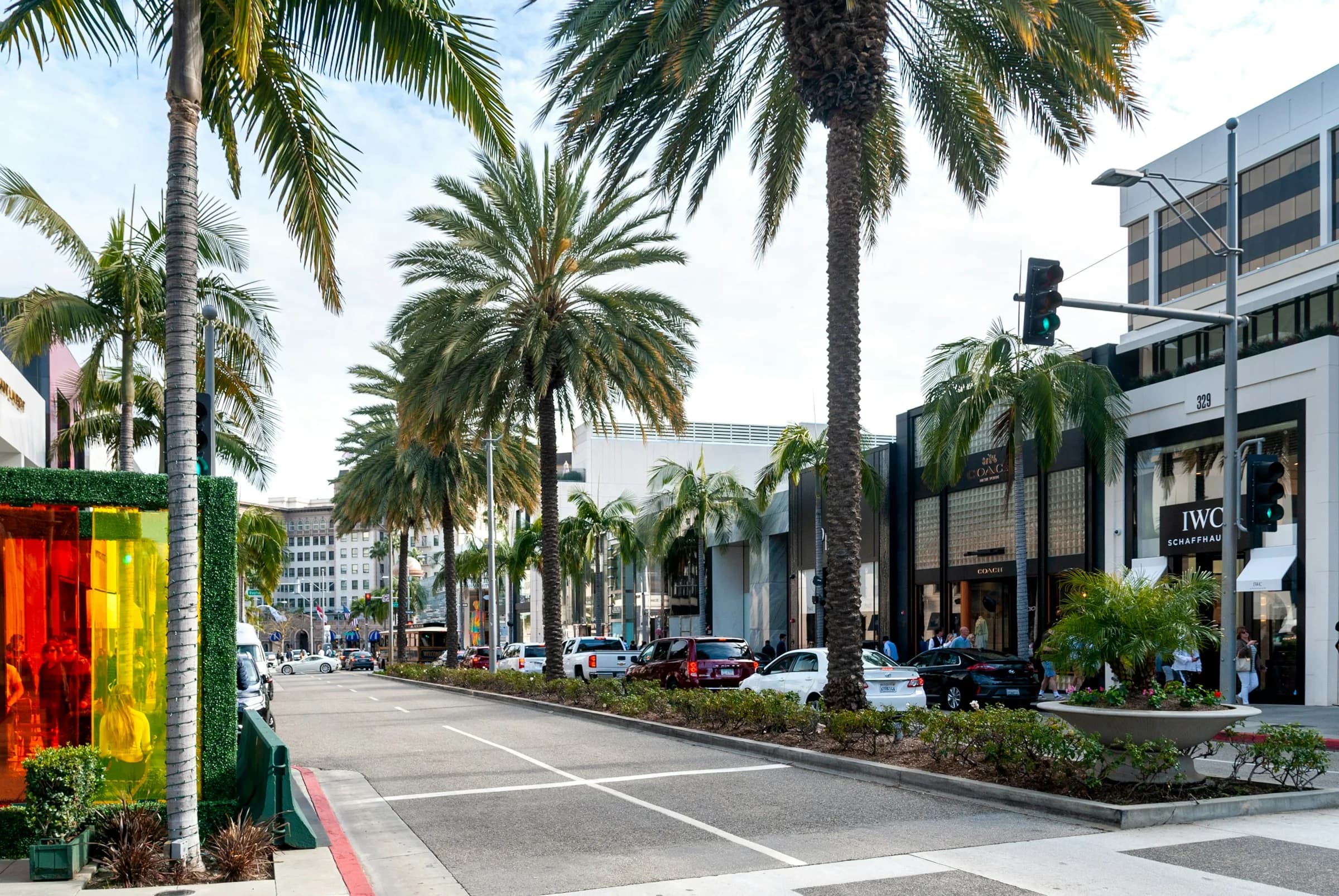 Palm-lined storefronts along a landscaped Beverly Hills retail boulevard
