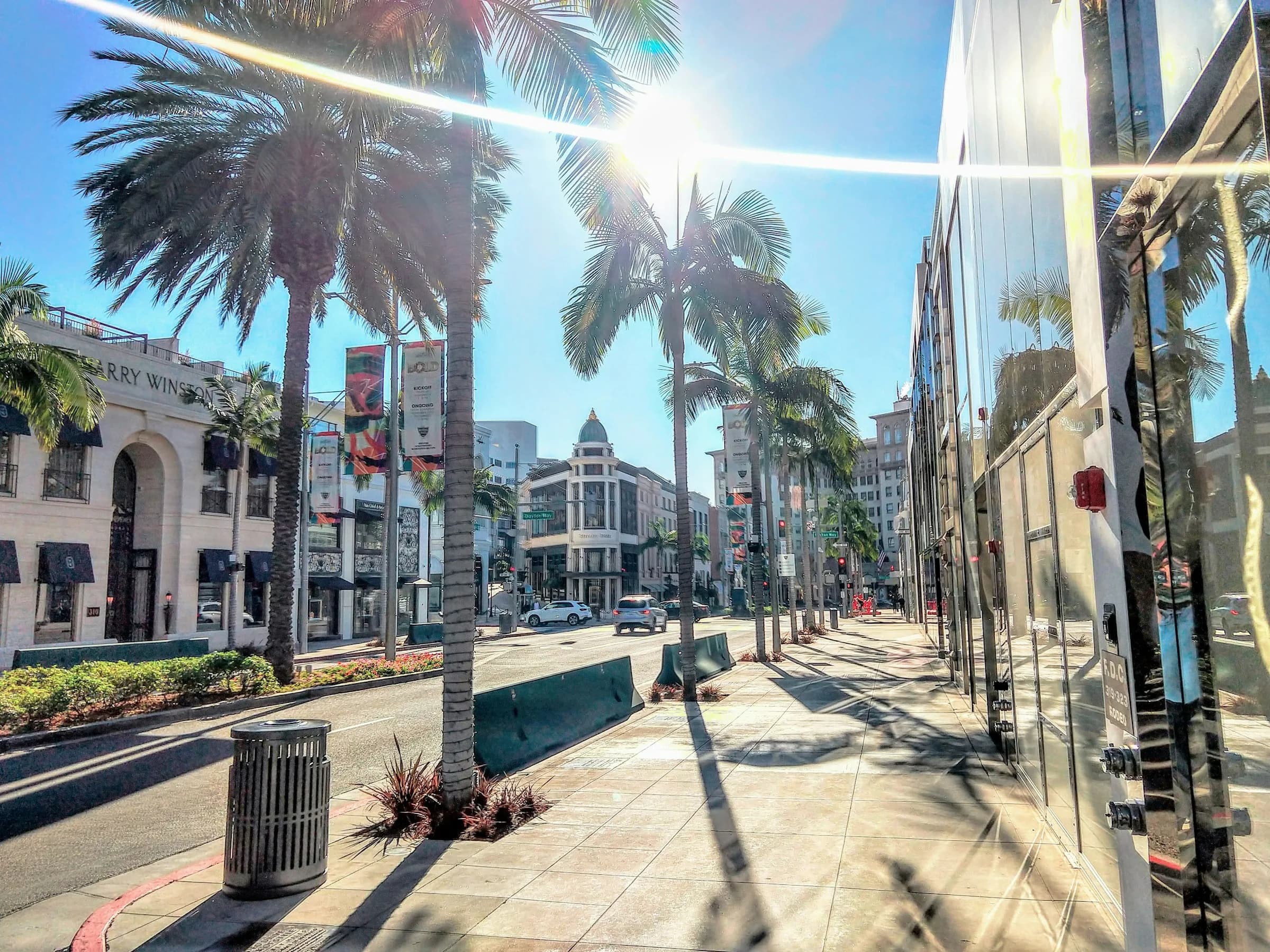 Rodeo Drive shops and palms in bright Southern California light