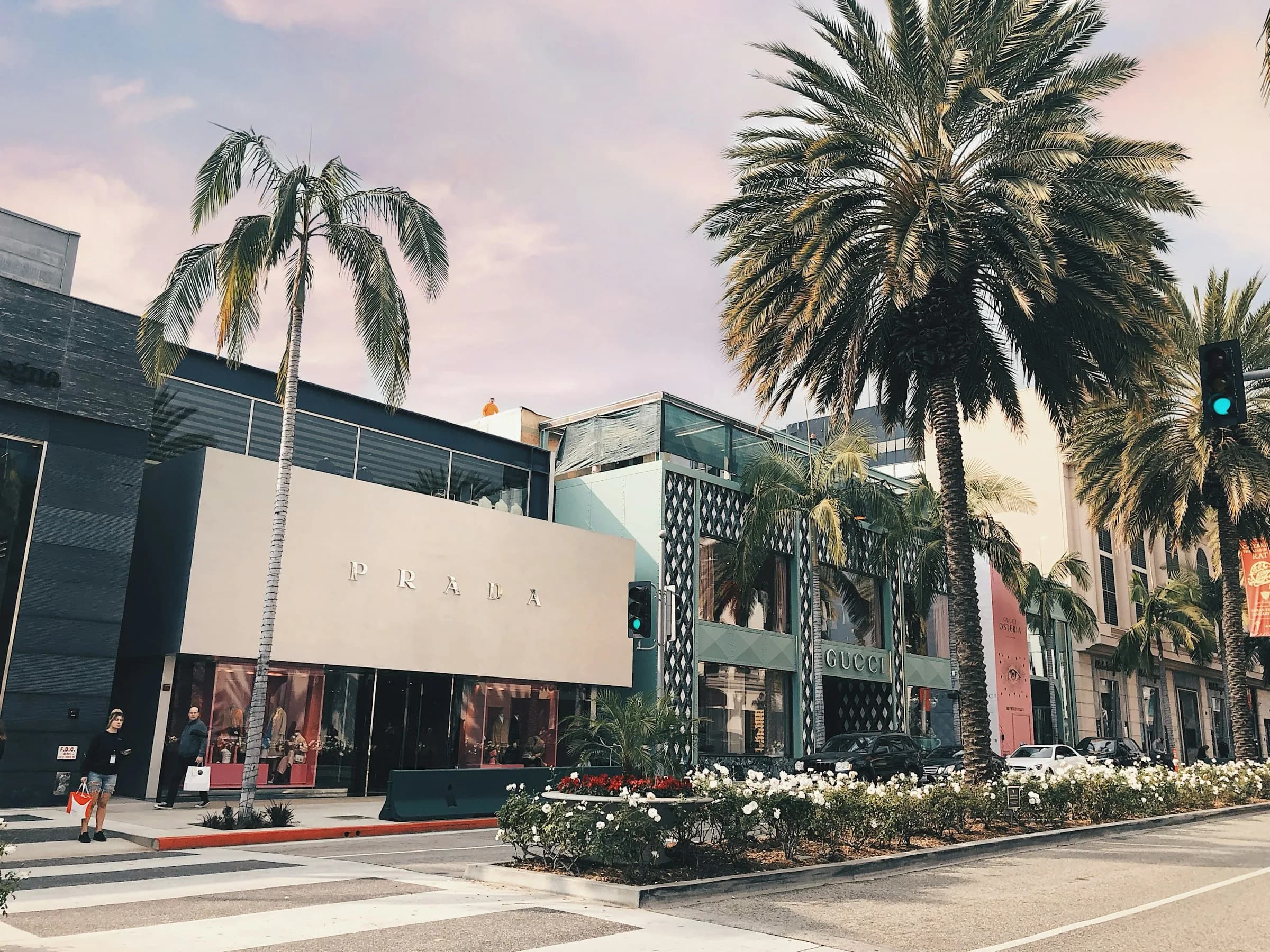 Contemporary luxury storefronts and palms on Rodeo Drive