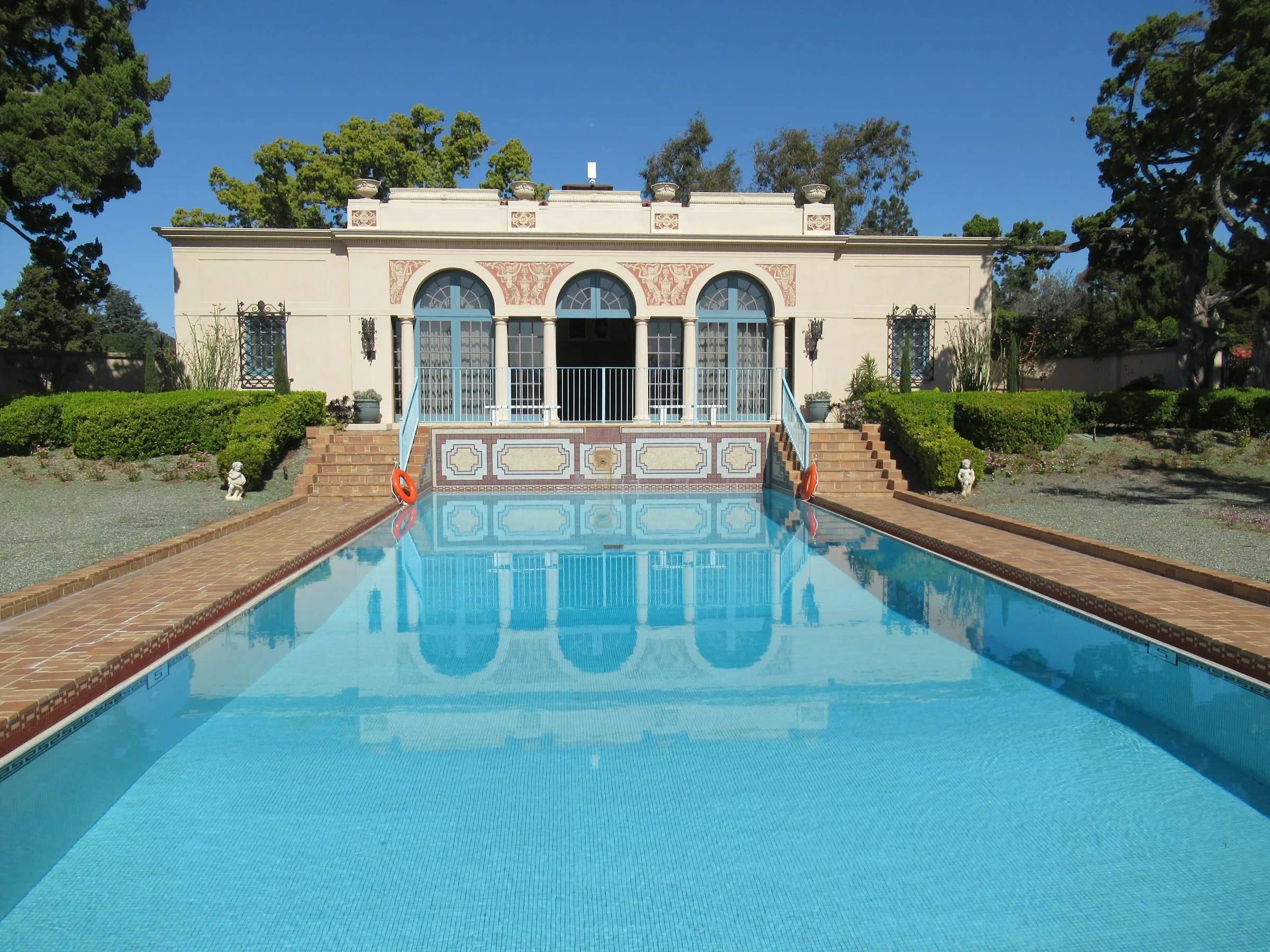 The historic pool and residence at Virginia Robinson Gardens in Beverly Hills