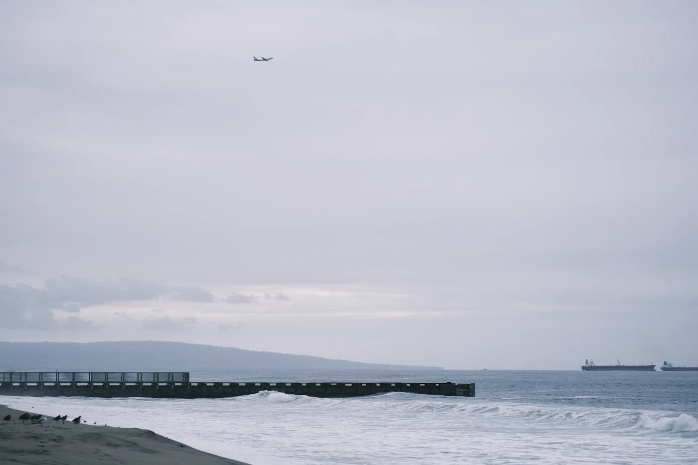 A plane passing over the Marina del Rey coastline and breakwater