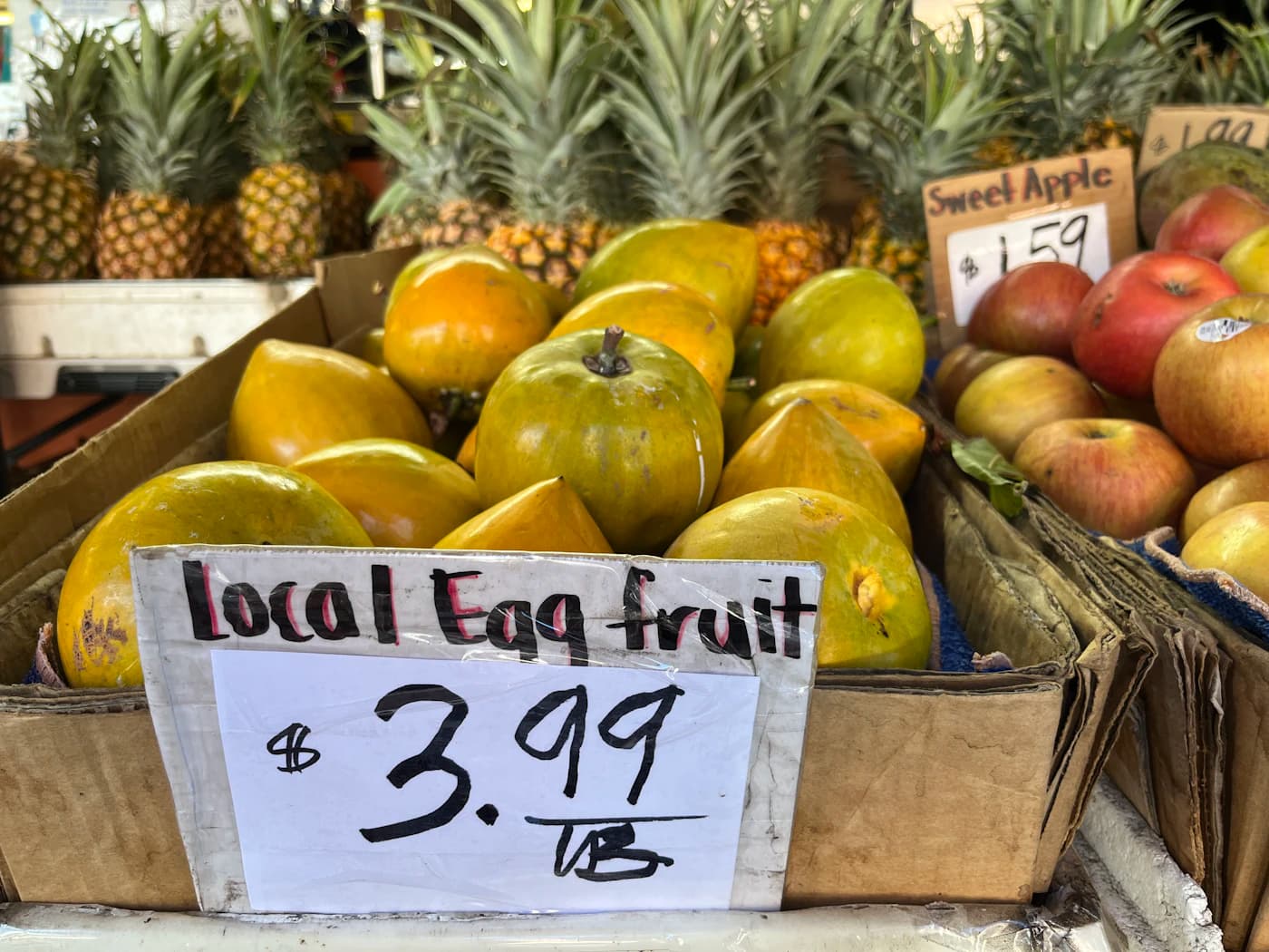 Locally sold fruit arranged at a Marina del Rey market stand