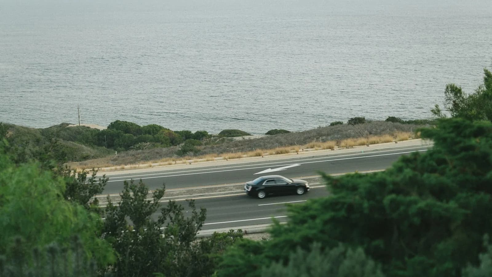 A car following Palos Verdes Drive beside the Pacific