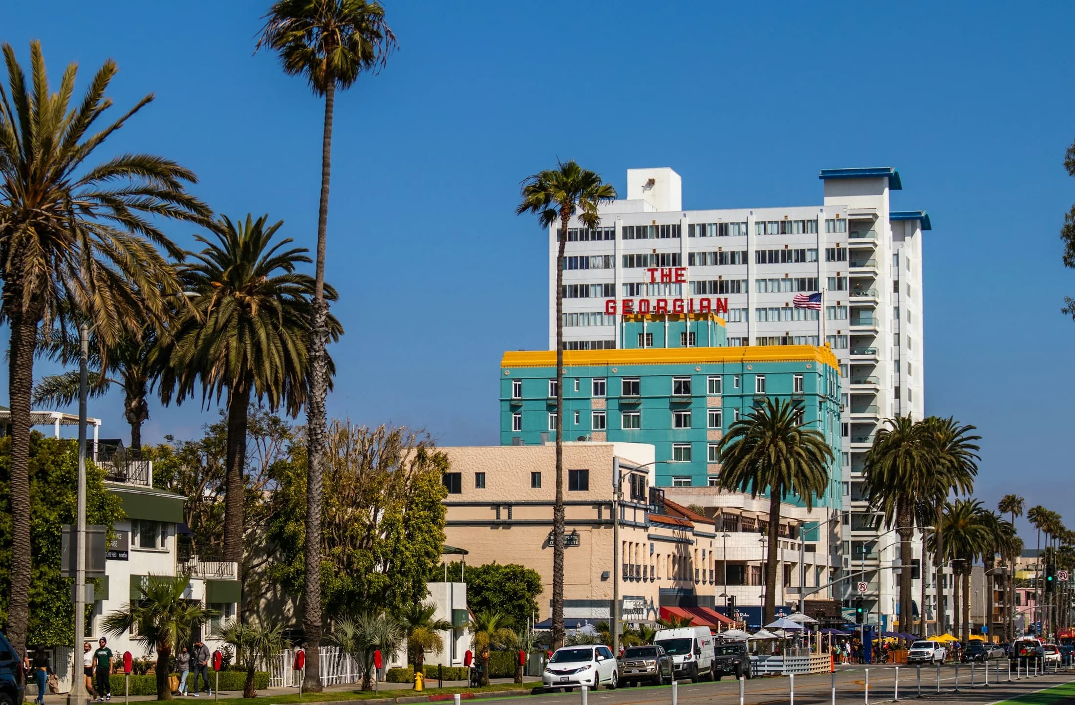 Ocean Avenue, palms, and the Georgian Hotel in Santa Monica