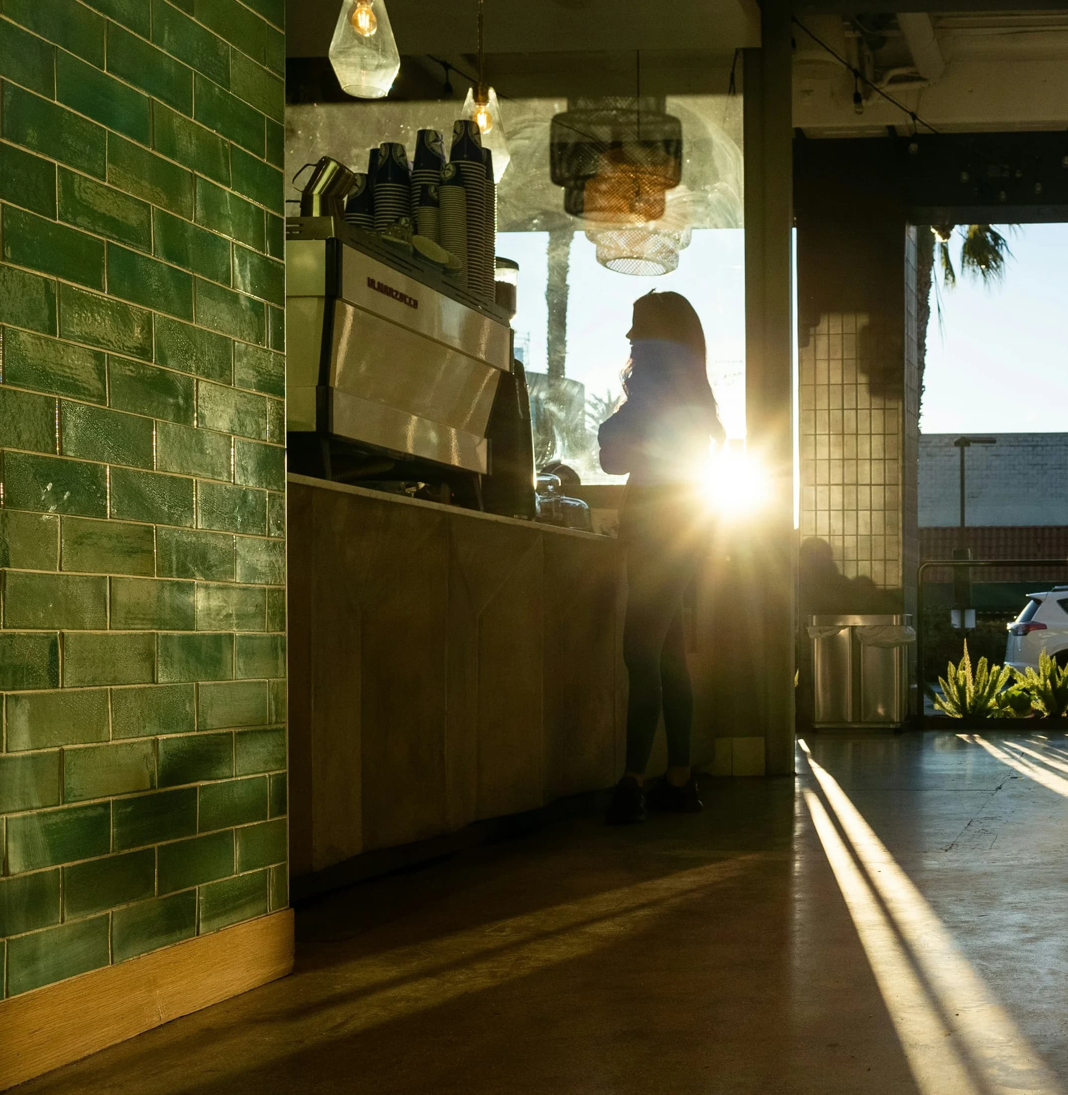 Warm morning light entering a neighborhood cafe in Santa Monica