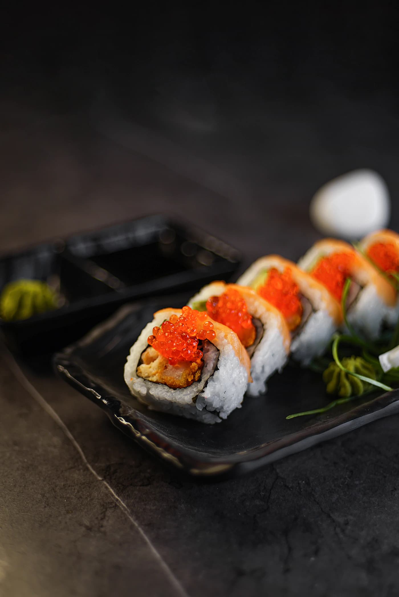 A close view of sushi arranged for a relaxed neighborhood meal
