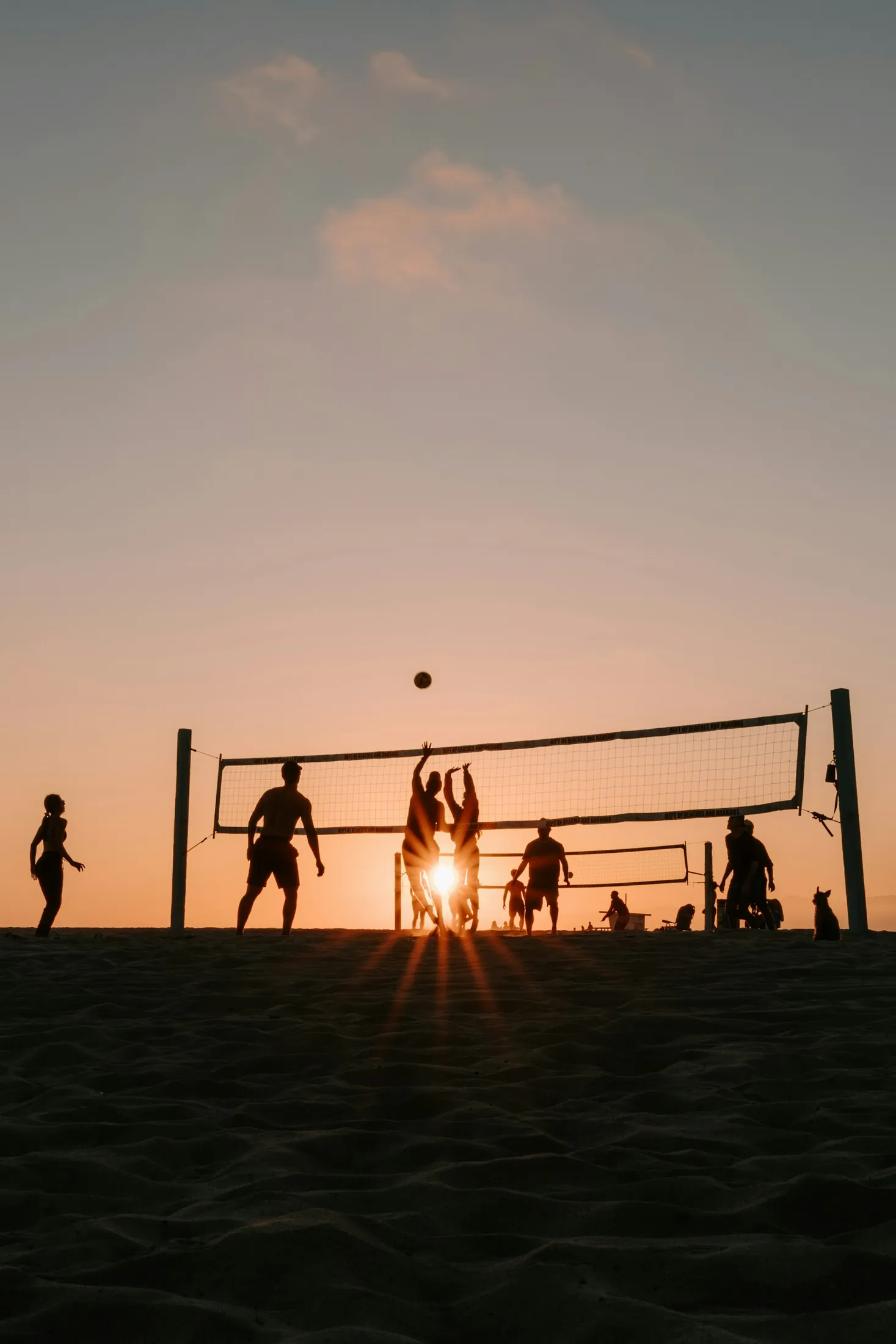Beach volleyball players silhouetted by a warm Venice Beach sunset