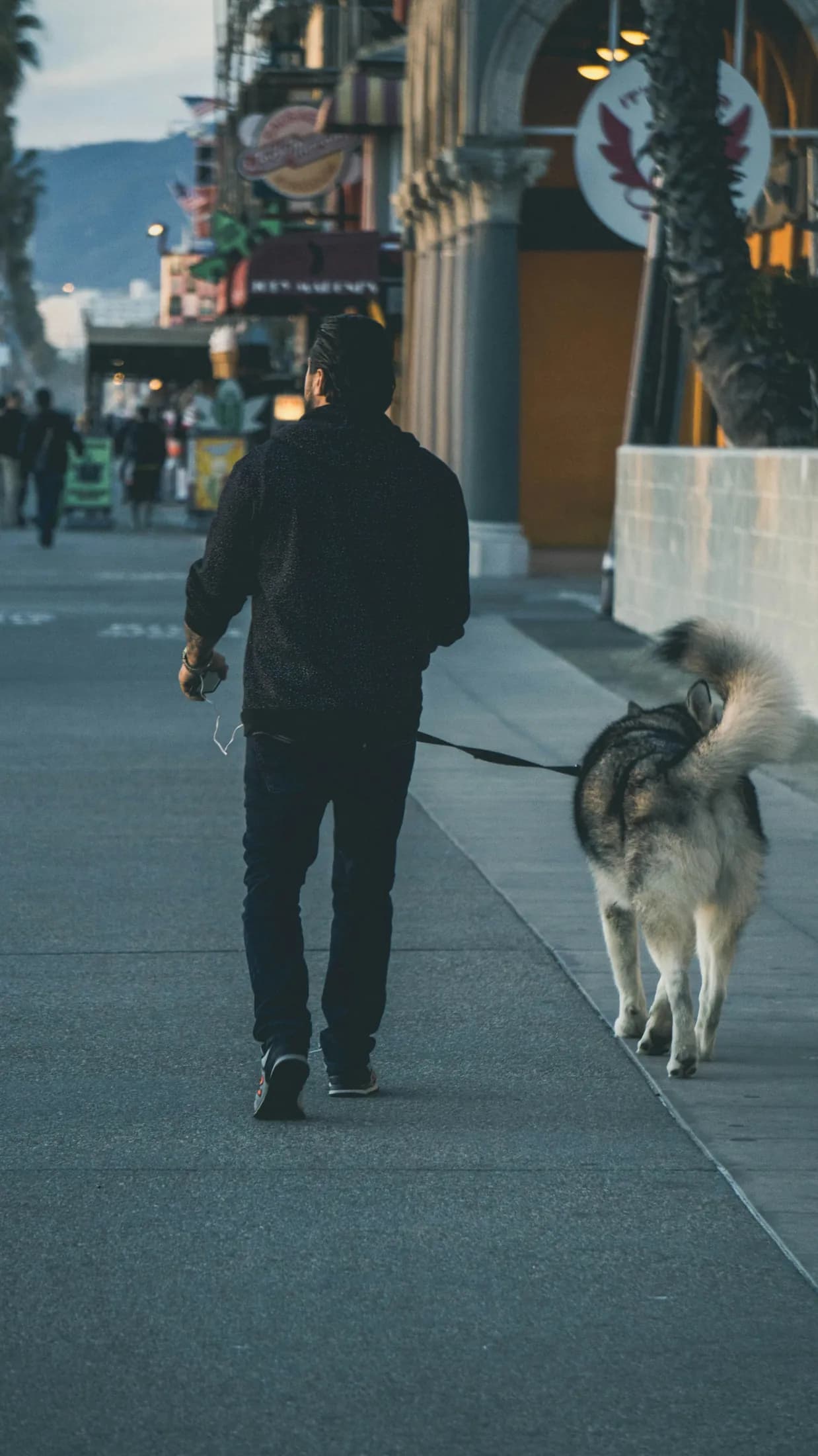A resident walking a dog past Venice storefronts
