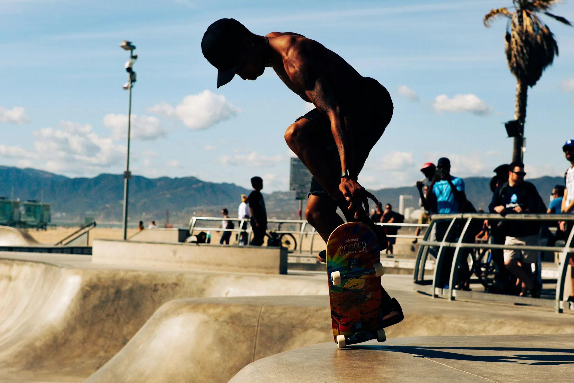 A skateboarder carving through the concrete bowls at Venice Skatepark