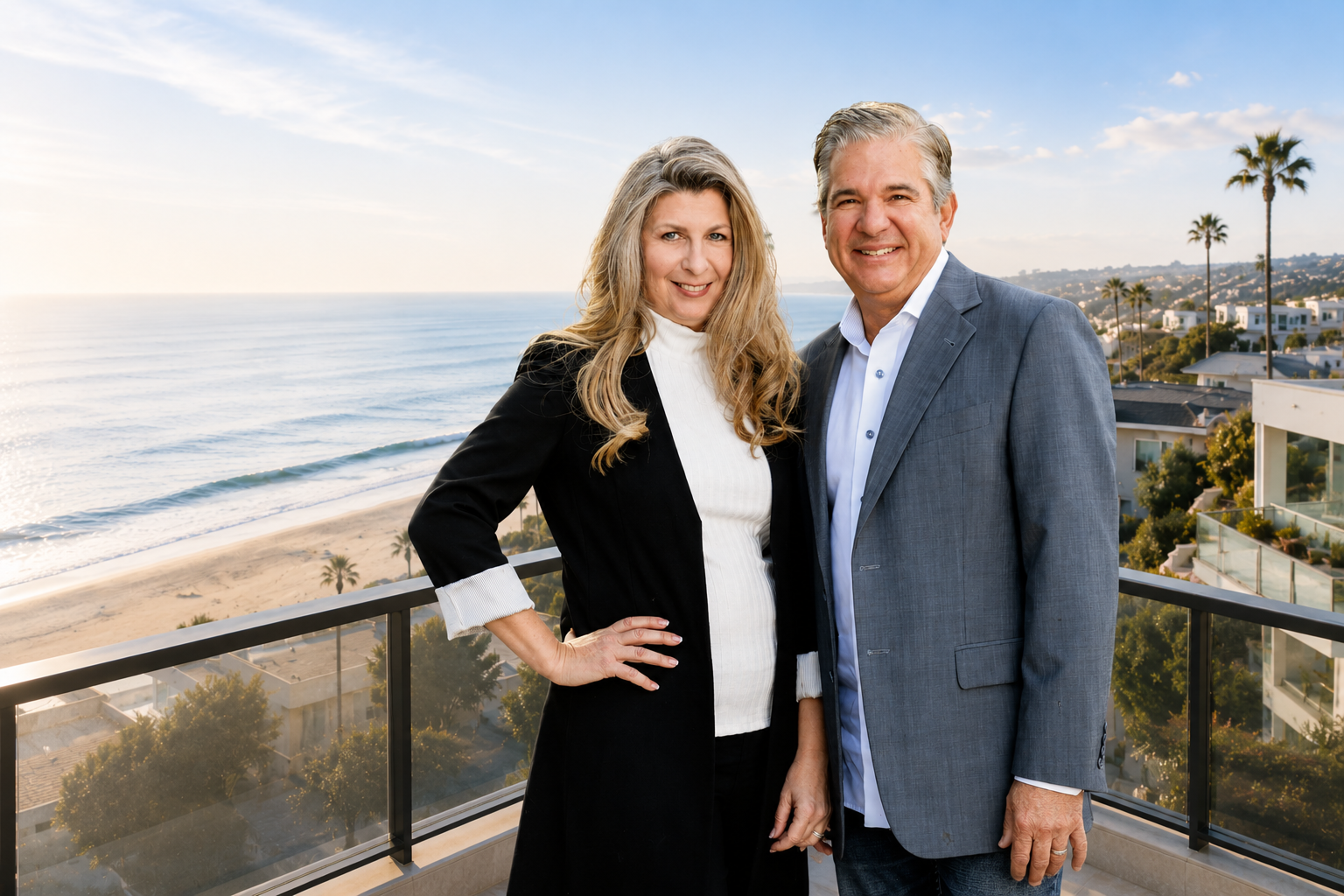 Randi and Stewart Fournier on an ocean-view balcony